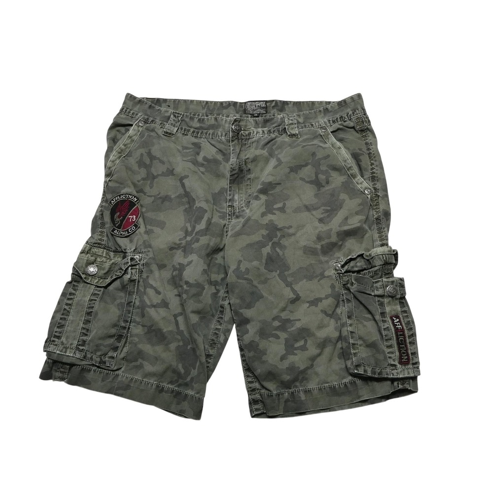 Affliction Cargo Shorts Mens 38 Green Camo Canvas Relaxed Fit 12 Inseam Pockets